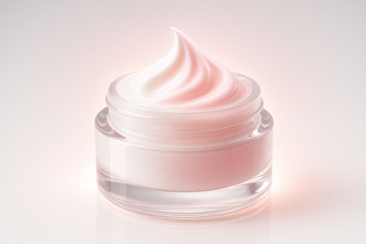 Luxury skincare jar with cream swirling and changing from white to light pink, glowing soft aura, clean minimal background, futuristic cosmetic product style, premium photography